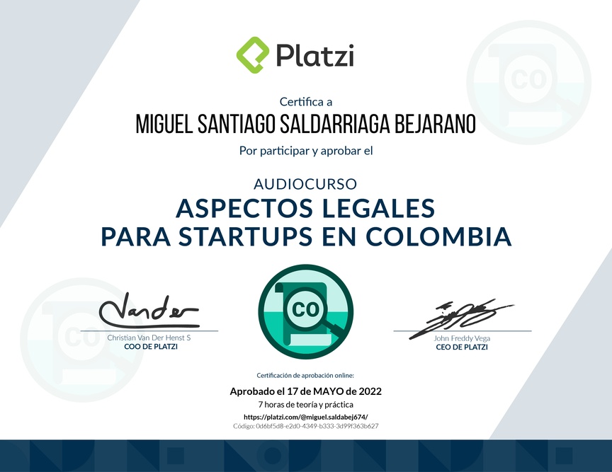 Diploma de Audiocurso Aspectos Legales para Startups en Colombia
