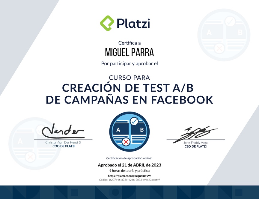 Diploma del Curso para Crear Campañas de A/B Testing en Facebook Ads
