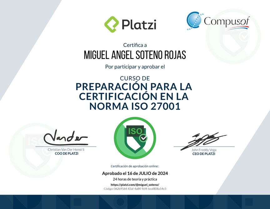 Diploma del Curso de Preparación para la Certificación en la Norma ISO 27001 (2020)