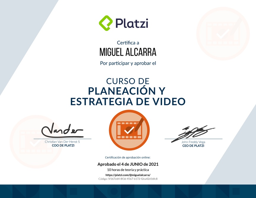 Diploma del Curso de Planeación y Estrategia de Video