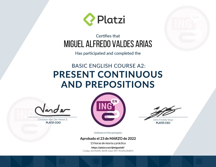 Diploma del Curso de Inglés Básico A2: Preposiciones y Presente Continuo (2021)