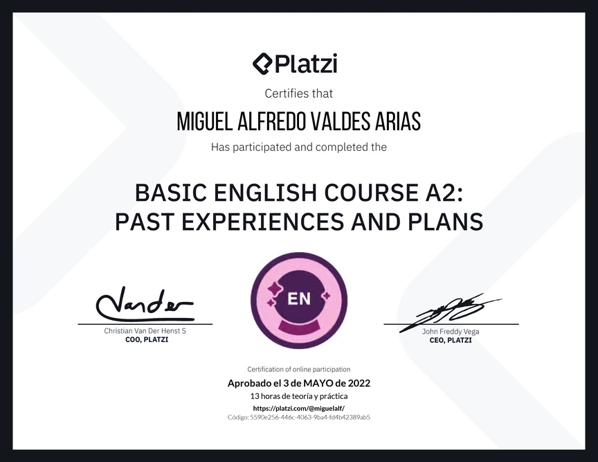 Diploma del Curso de Inglés Básico A2: Experiencias Pasadas y Planes