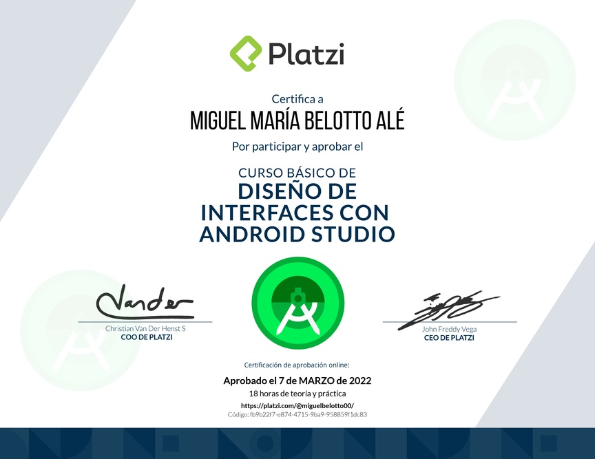 Diploma del Curso Básico de Diseño de Interfaces con Android Studio