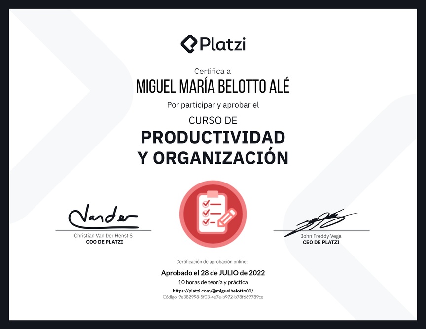 Diploma del Curso de Productividad y Organización