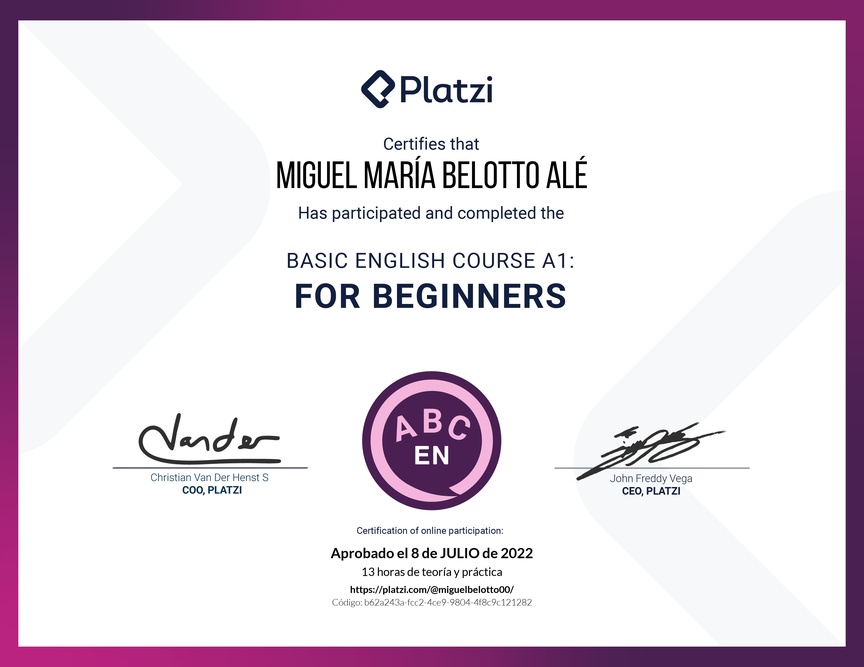 Diploma del Curso de Inglés Básico para Principiantes - (2022)