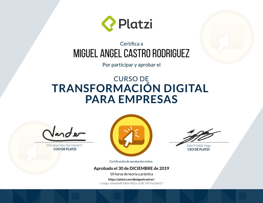 Diploma del Curso de Transformación Digital para el Crecimiento de tu Empresa