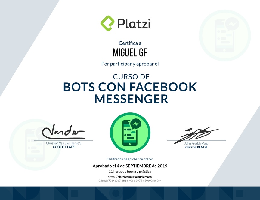 Diploma del Curso de Bots con Facebook Messenger