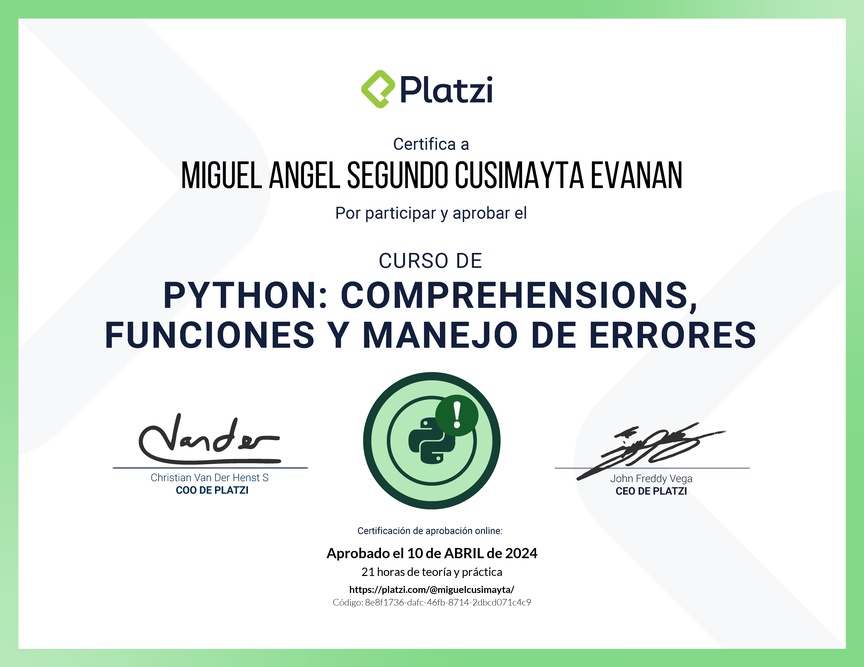 Diploma del Curso de Python: Comprehensions, Funciones y Manejo de Errores