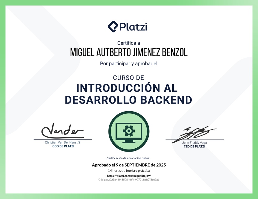 Diploma del Curso de Introducción al Desarrollo Backend