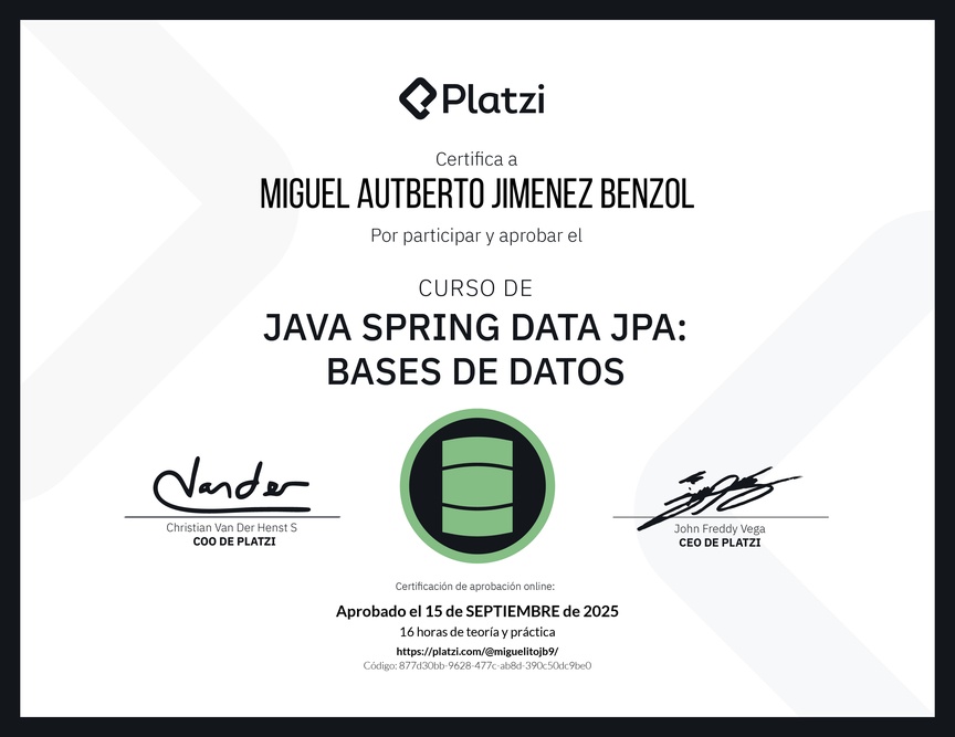 Diploma del Curso de Java Spring Data JPA: Bases de Datos
