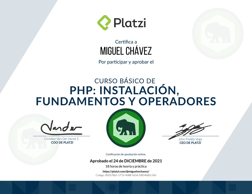 Diploma del Curso Básico de PHP: Instalación, Fundamentos y Operadores