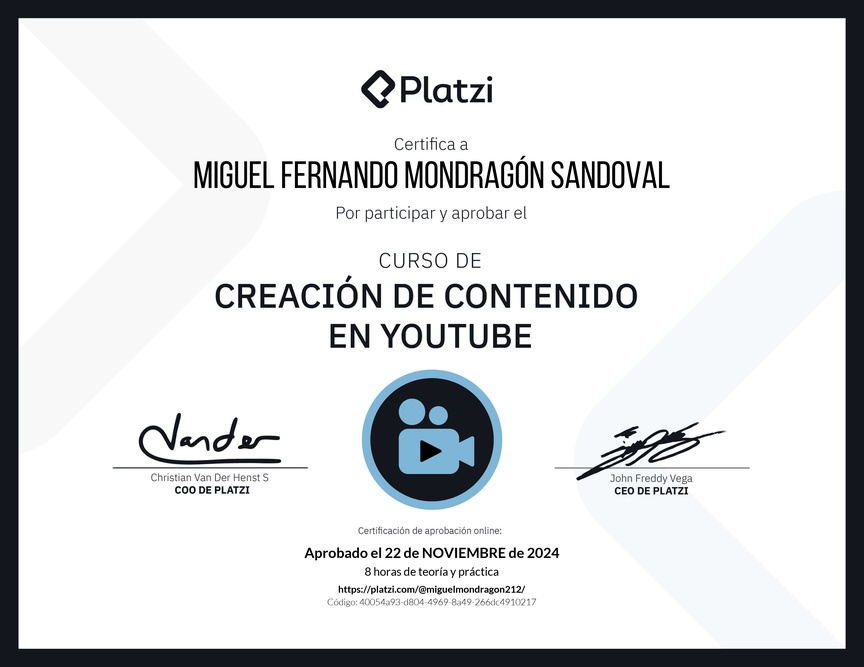 Diploma del Curso de Estrategia de Contenido en YouTube