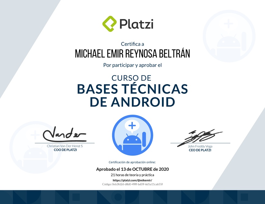 Diploma del Curso de Bases Técnicas de Android