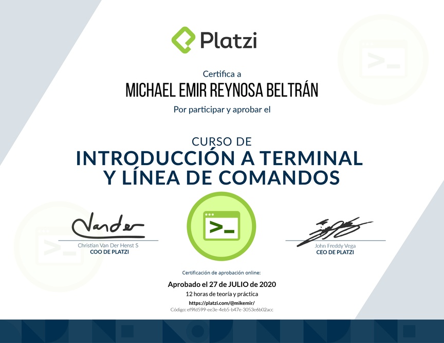 Diploma del Curso de Introducción a la Terminal y Línea de Comandos 2019