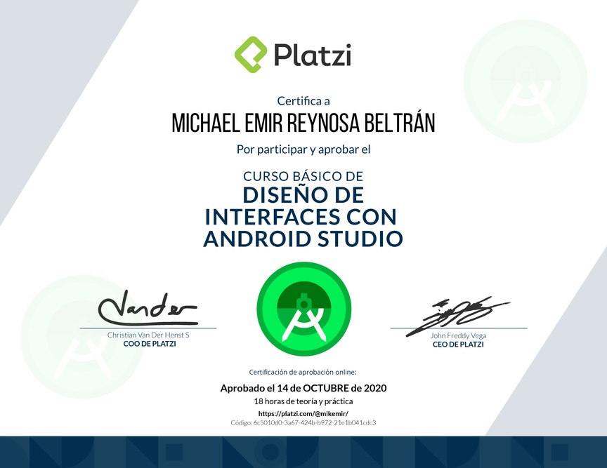Diploma del Curso Básico de Diseño de Interfaces con Android Studio