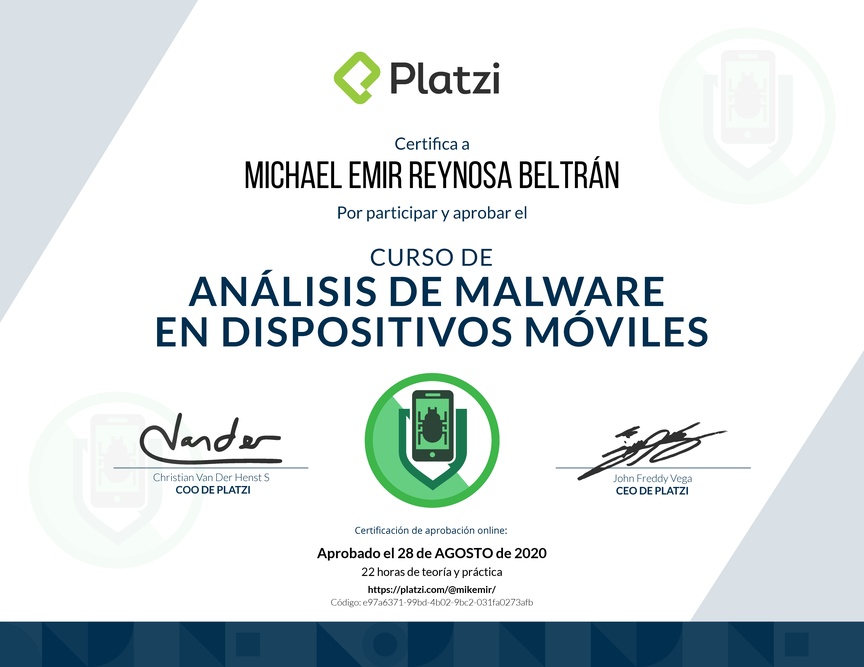 Diploma del Curso de Análisis de Malware para Dispositivos Móviles