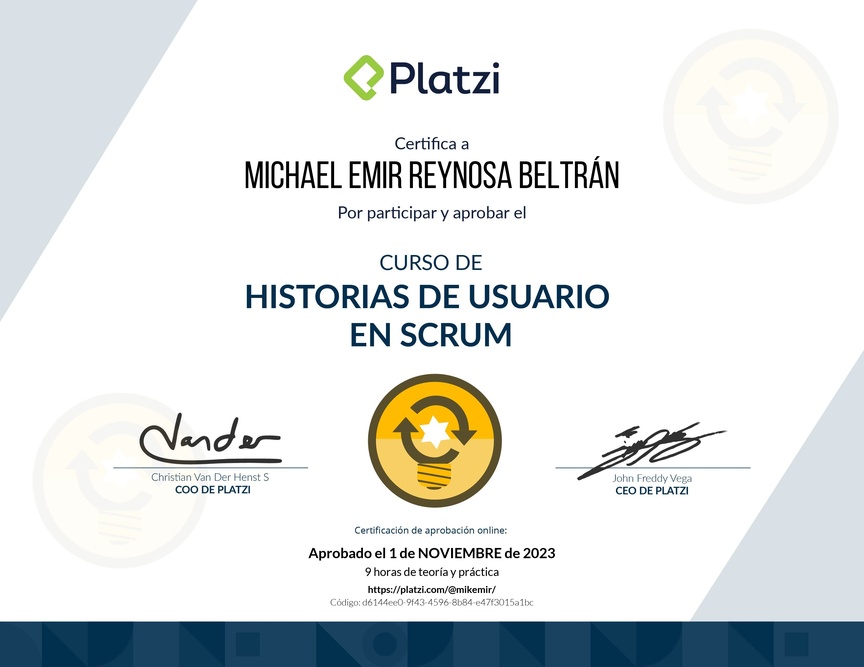 Diploma del Curso de Historias de Usuario en Scrum