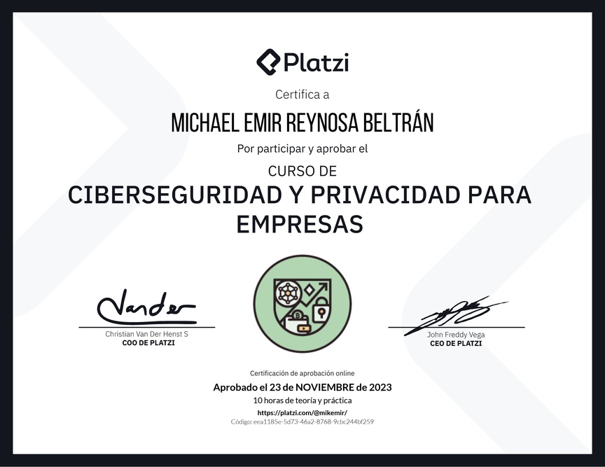 Diploma del Curso de Ciberseguridad y Privacidad Empresarial (2023)