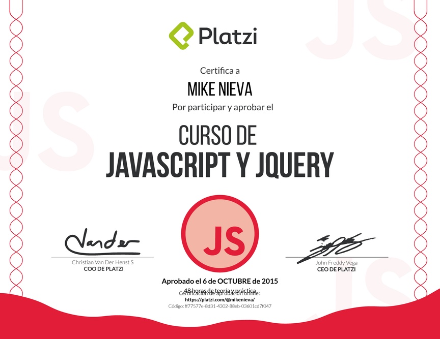 Diploma del Curso de Javascript y JQuery Febrero 2015