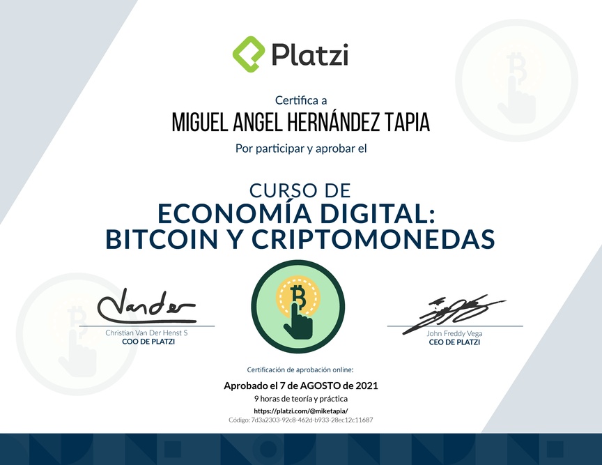 Diploma del Curso de Lectura Economía Digital: Bitcoin y Criptomonedas