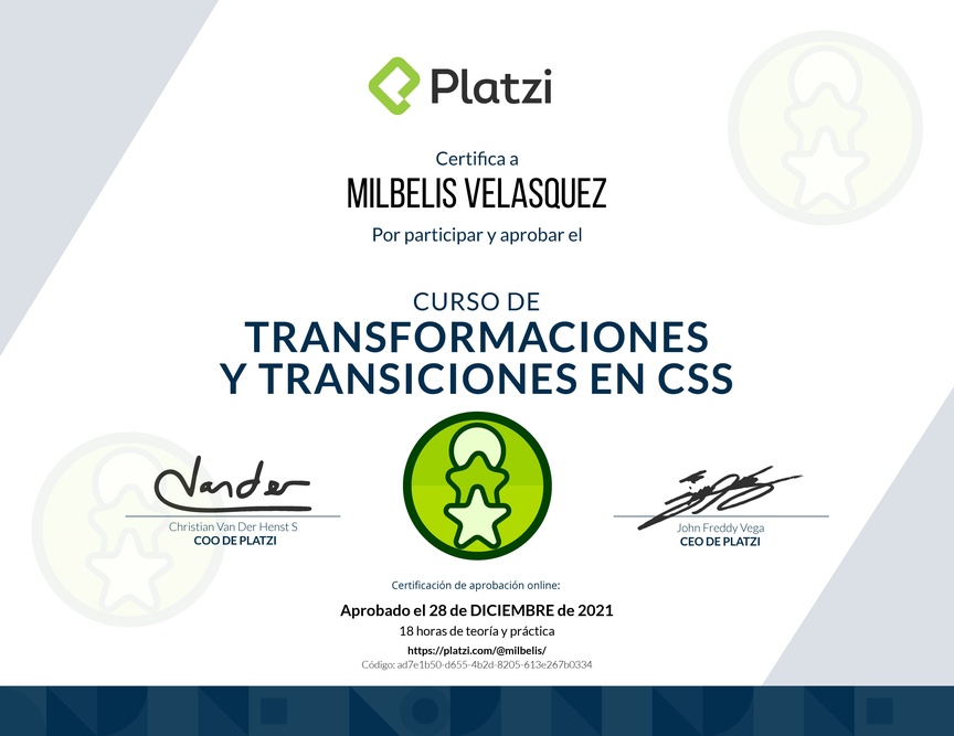 Diploma del Curso de Transformaciones y Transiciones en CSS