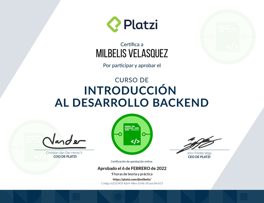 Diploma del Curso de Introducción al Desarrollo Backend