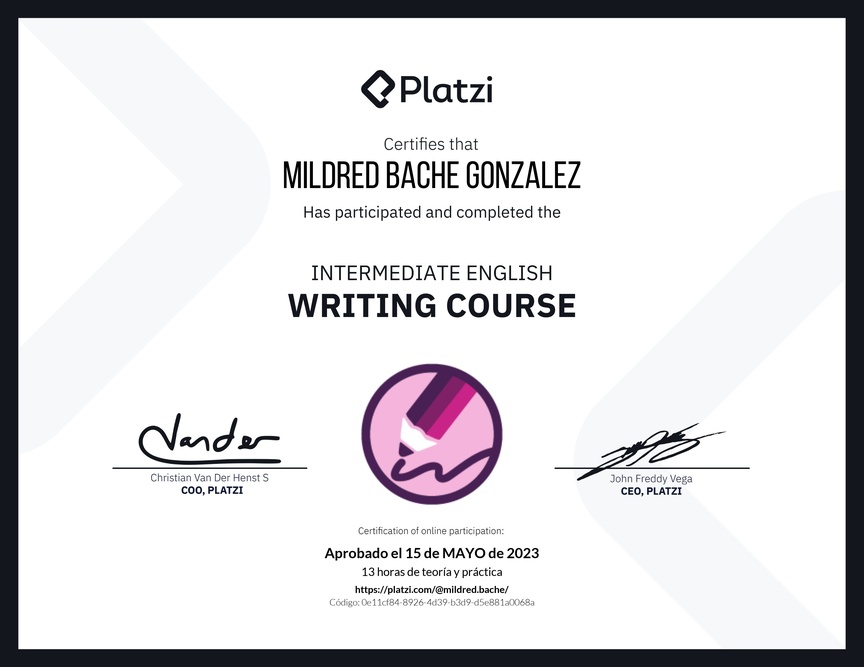 Diploma del Curso Intermedio de Escritura en Inglés
