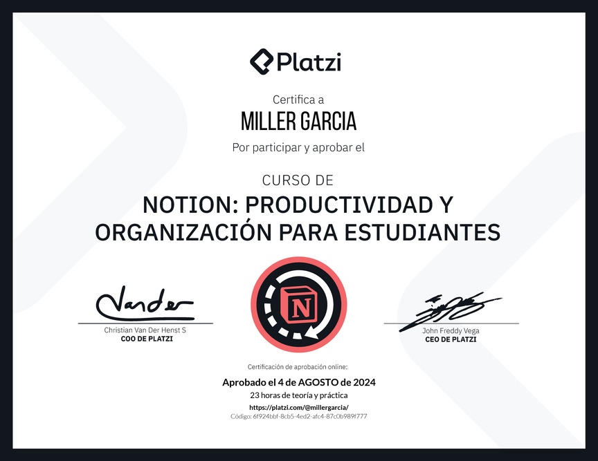 Diploma del Curso de Productividad para Estudiantes en Notion