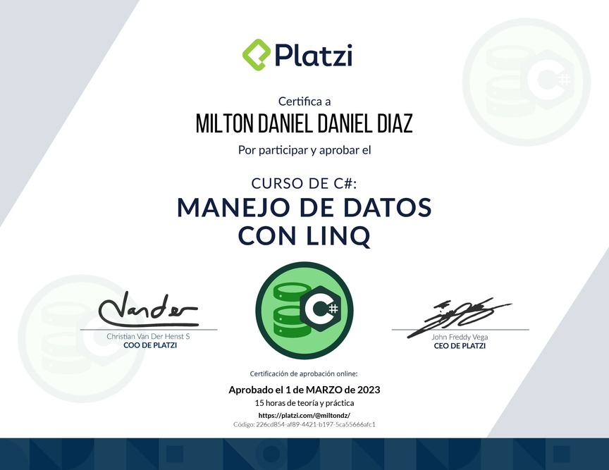 Diploma del Curso de Manejo de Datos en C# con LINQ