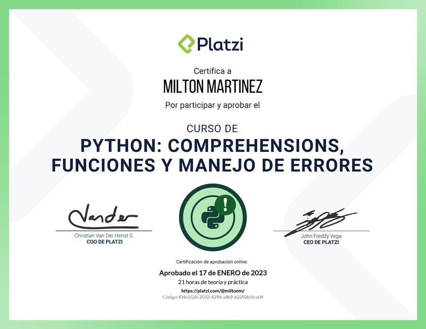 Diploma del Curso de Python: Comprehensions, Funciones y Manejo de Errores
