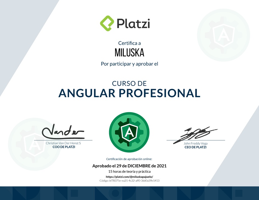 Diploma del Curso Profesional de Angular 8