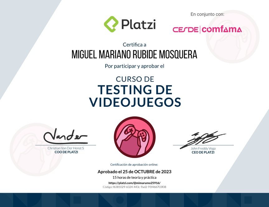 Diploma del Curso de Testing de Videojuegos
