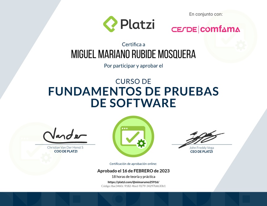 Diploma del Curso de Fundamentos de Pruebas de Software