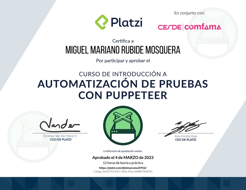 Diploma del Curso de Automatización de Pruebas con Puppeteer