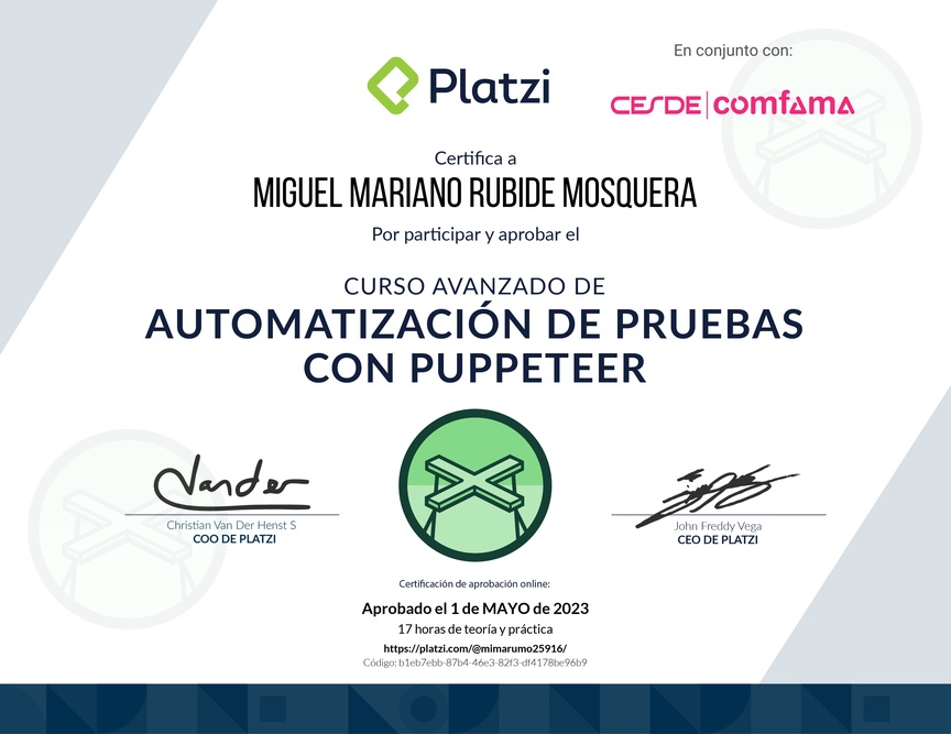 Diploma del Curso Avanzado de Automatización de Pruebas con Puppeteer