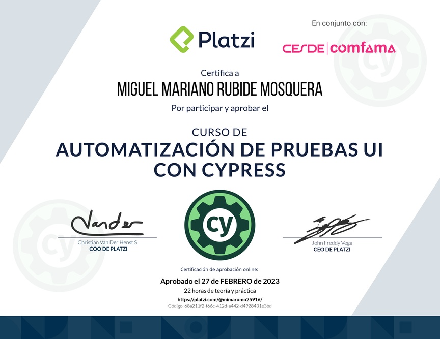 Diploma del Curso de Automatización de Pruebas UI con Cypress
