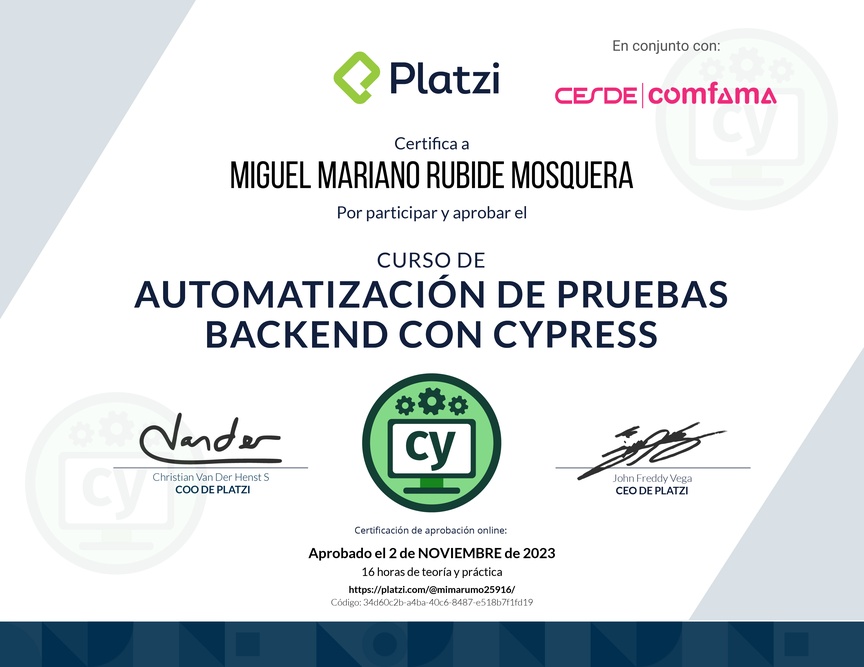 Diploma del Curso de Automatización de Pruebas de Backend con Cypress