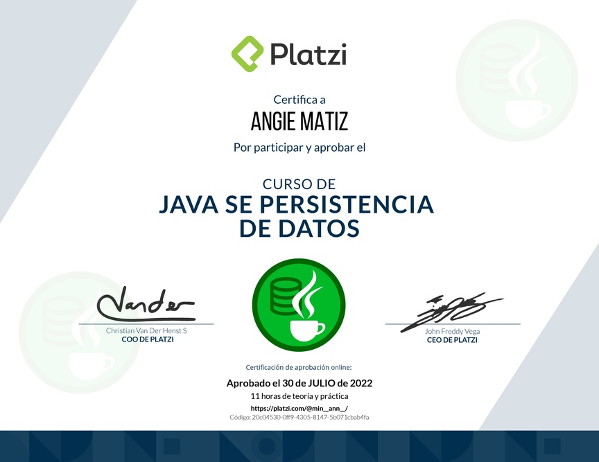 Diploma del Curso de Java SE Persistencia de Datos