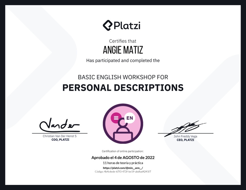 Diploma del Curso de Inglés Práctico para Descripciones Personales (2020=
