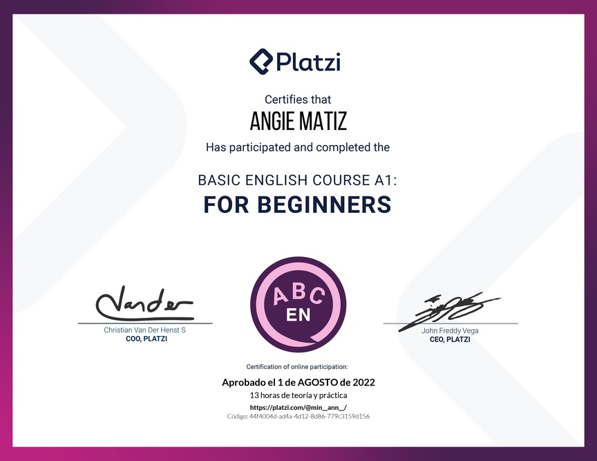 Diploma del Curso de Inglés Básico para Principiantes - (2022)