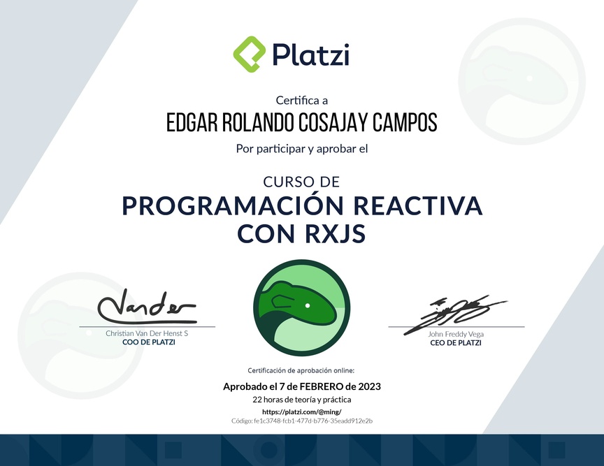 Diploma del Curso de Programación Reactiva con RxJS
