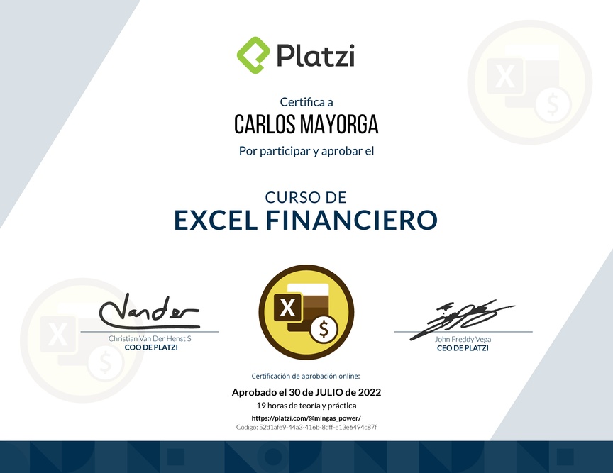 Diploma del Curso de Análisis Financiero en Excel