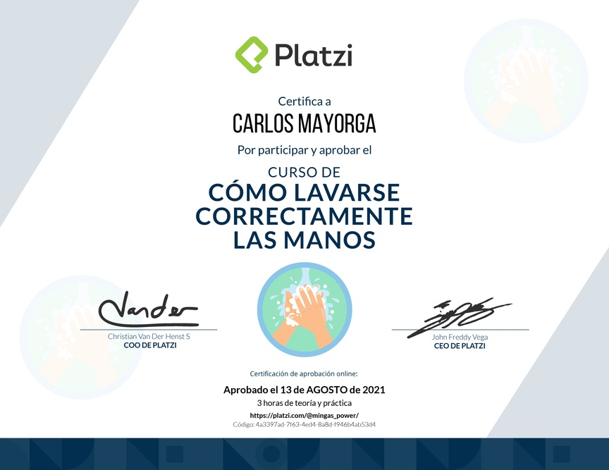 Diploma del Curso para Lavarse las Manos Correctamente