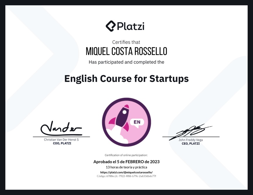 Diploma del Curso para Startups en Inglés (2021)