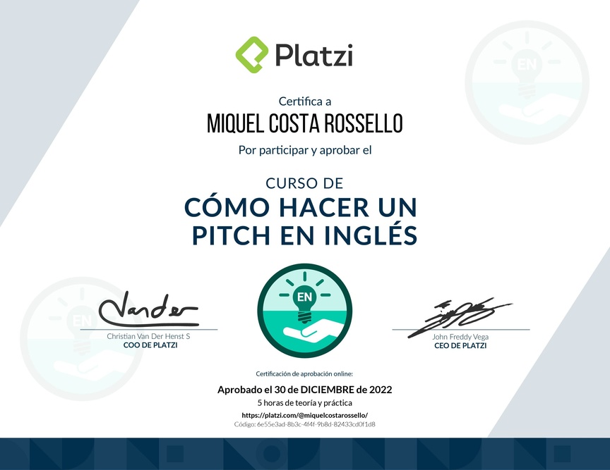 Diploma del Curso de Cómo Hacer un Pitch en Inglés para Levantar Capital