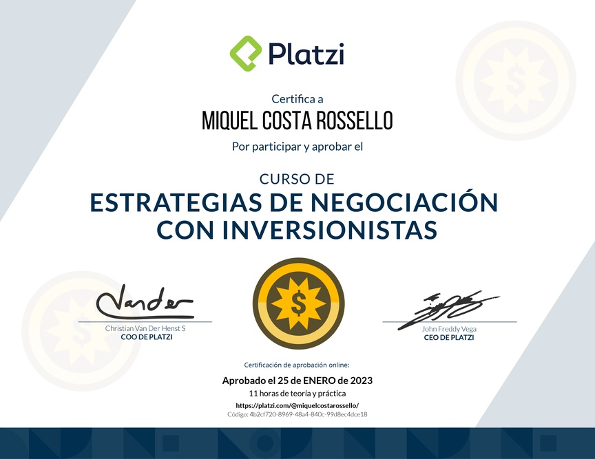 Diploma del Curso de Estrategias de Negociación con Inversionistas