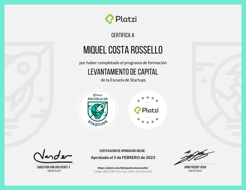 Diploma de la Ruta de Aprendizaje de Levanta capital para startups