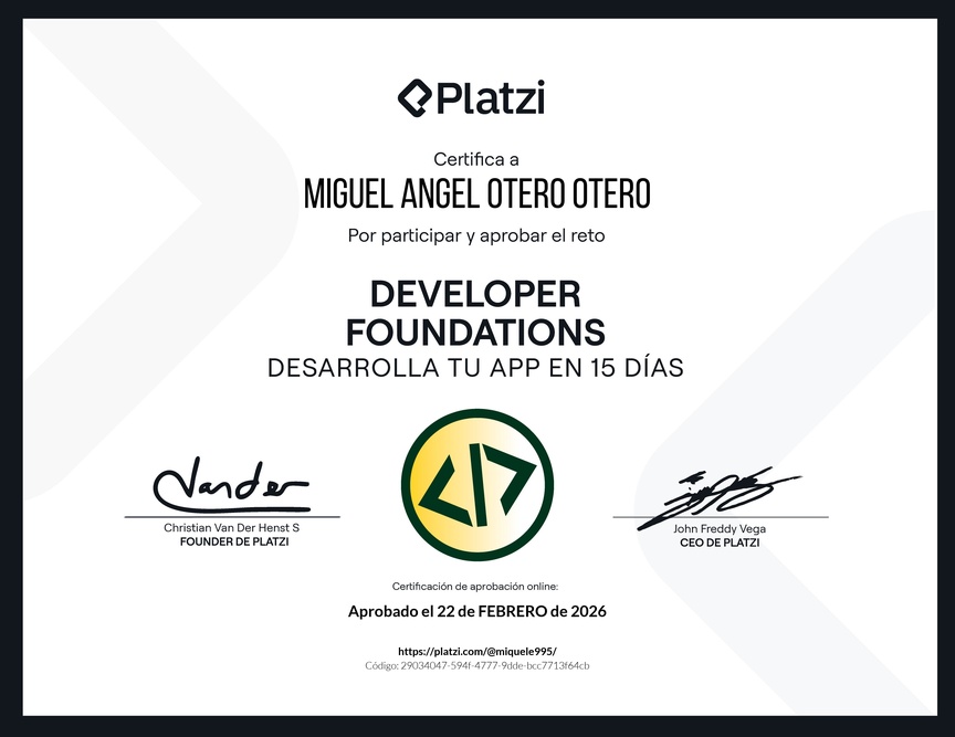 Diploma de la Ruta de Aprendizaje de Reto Developer Foundations: Crea tu app en 15 días