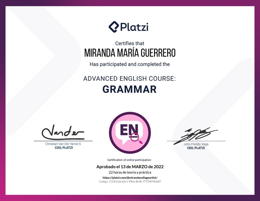 Diploma del Curso Avanzado de Gramática en Inglés (2020)