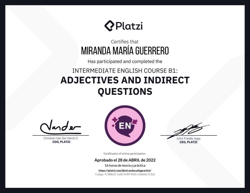 Diploma del Curso de Inglés Intermedio: Adjetivos y Preguntas Indirectas (2021)
